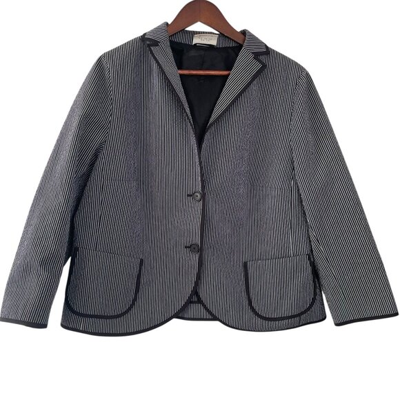 Akris Punto Blazer Suit Jacket Size 16 Blue Black Pinstripe Striped Seersucker - Picture 1 of 6